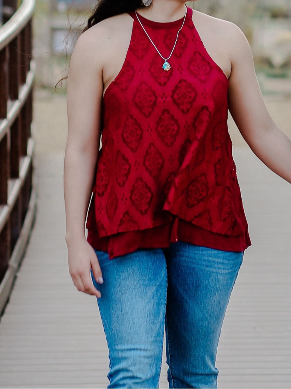 Shyanne Burgundy Lace Trim High-Neck Tank